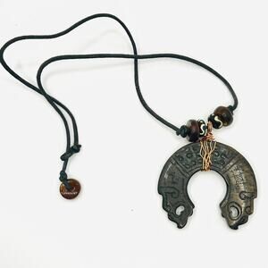 Handmade Copper Wrapped Chinese Stone Pendant Black Cord Necklace